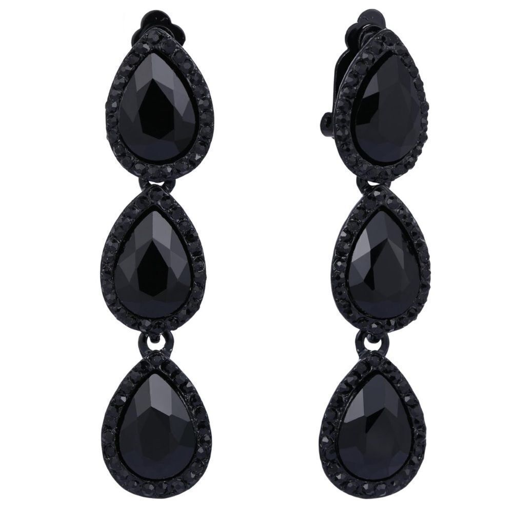Carbon Black with Black Onyx Austrian Crystal Statement Dangle Clip On Earrings